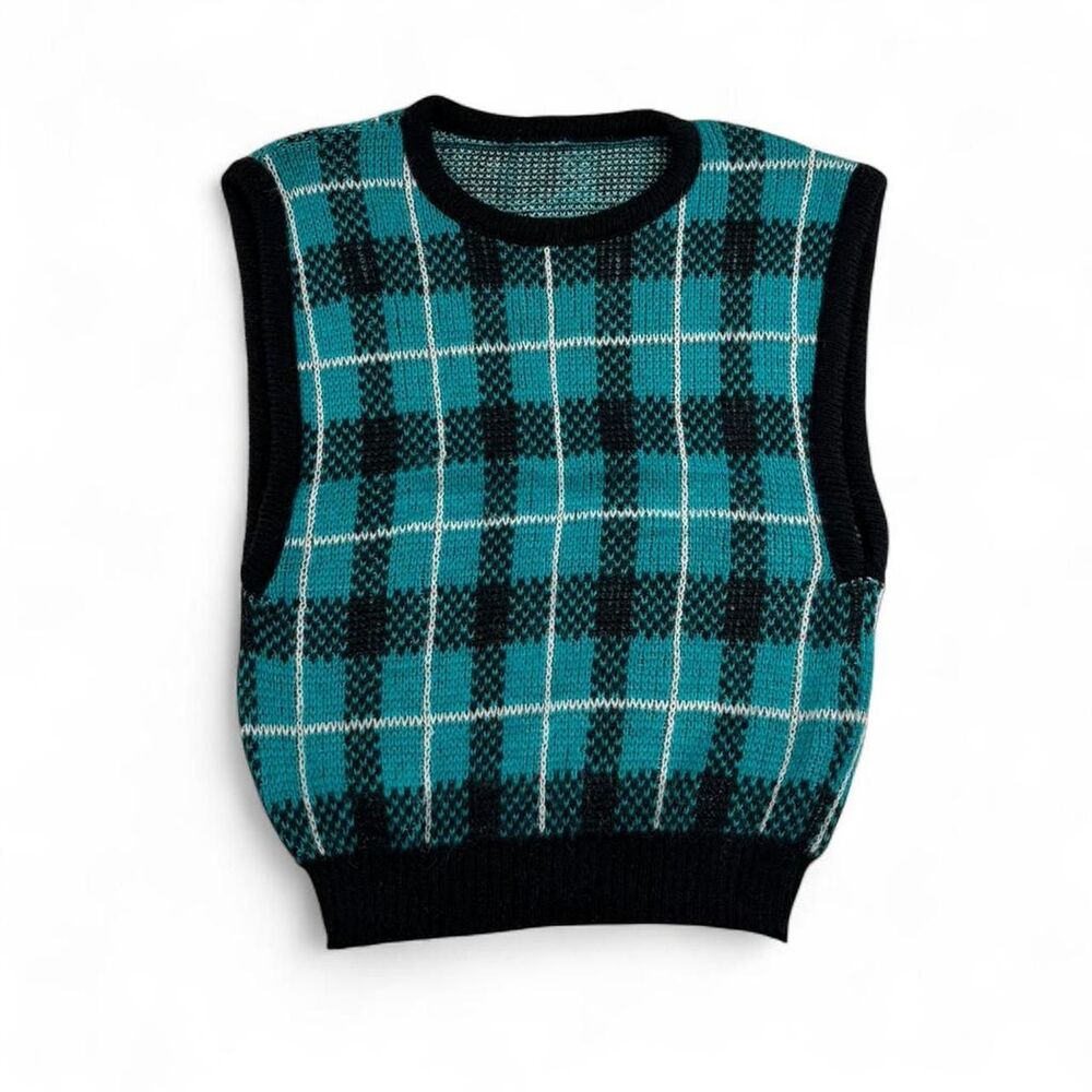 Vintage Plaid Sweater Vest Teal Black Women’s S/M Preppy 90s Knit